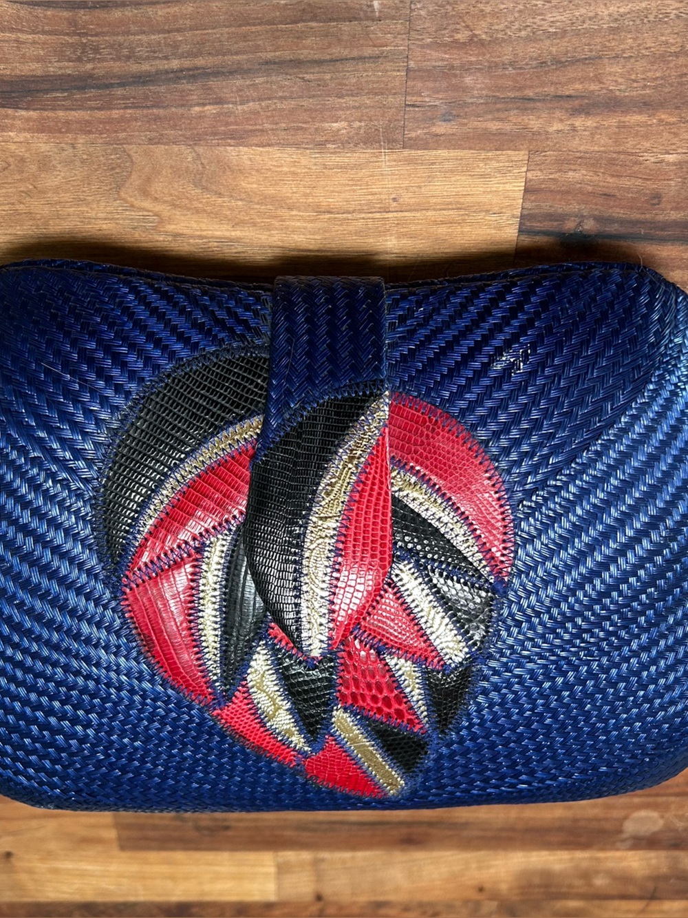 Woven Navy Clutch with Red, Black & Gold Leaf Applique